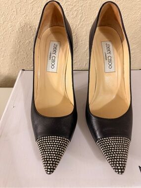 Jimmy Choo Black Leather Pointed-Toe Studded Pumps